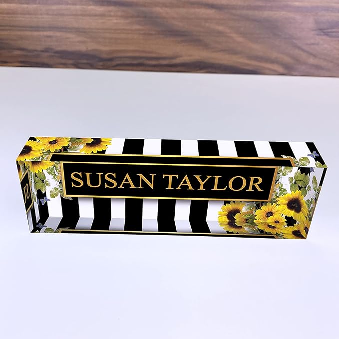 Artblox Office Desk Name Plate Personalized | Custom Name Plates on Acrylic Glass Decor | Office Desk Decor - Sunflowers Design - (8"x2.5")