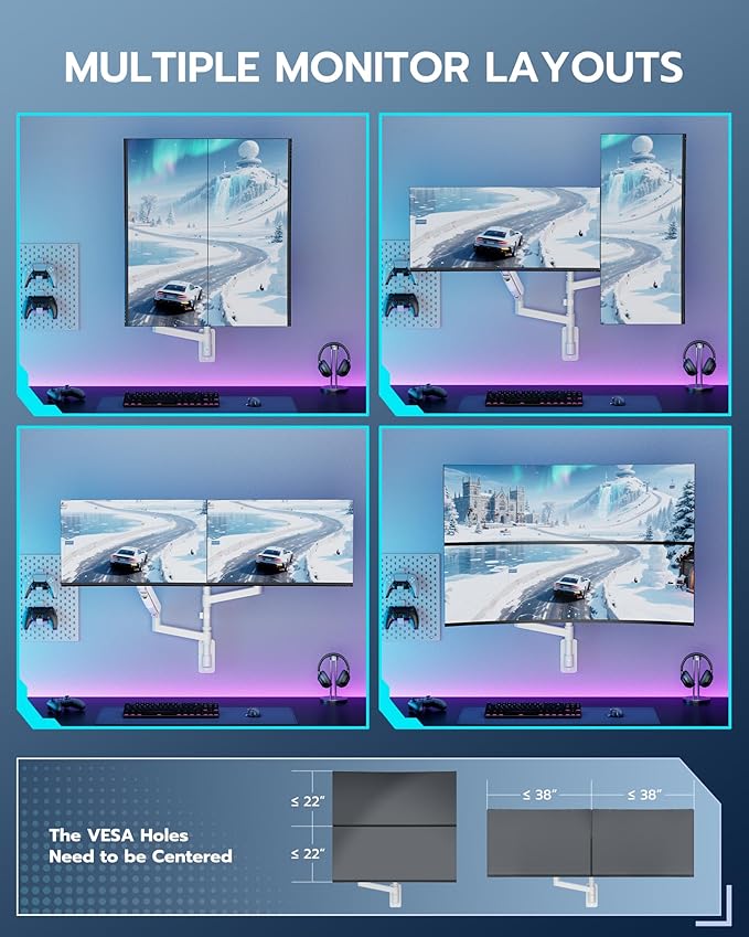 ARES WING Dual Monitor Wall Mount for 24-57 Inch Ultrawide Screens, Premium Heavy Duty Monitor Arm Holds 60 lbs, Full Motion Gas Spring, Bearing Head for Easy Adjustment, 75/100 VESA Mount, White