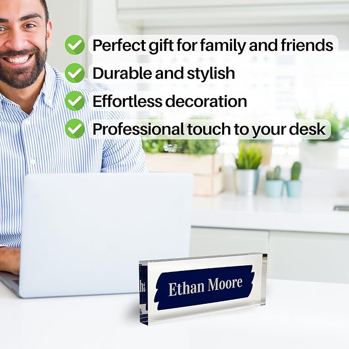 Customized Clear Acrylic Thick 8x3" Desk Name Plate Block with Personalized Logo - Professional Office Decor - Customized Acrylic Plate Gift for Teacher Co-workers, Christmas Gifts for Her, Thanksgiving Gifts (Navy Brush)