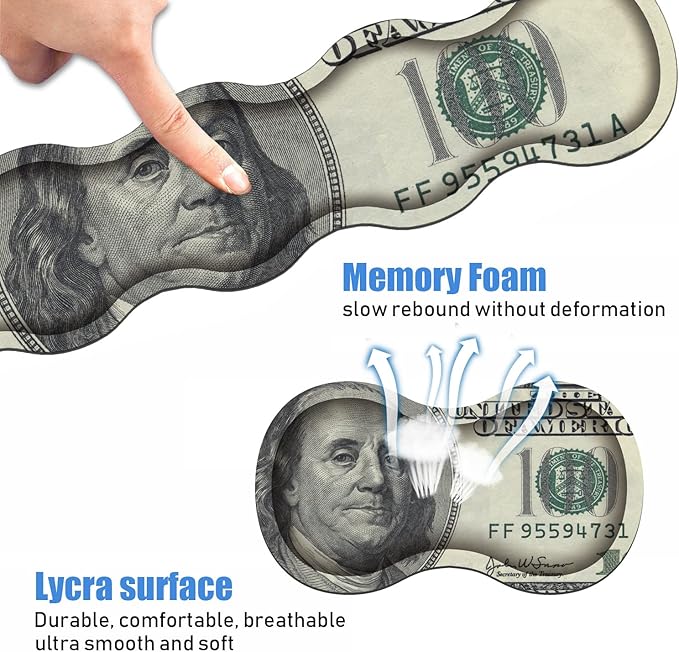 Ergonomic Keyboard Wrist Rest and Mouse Pad Wrist Rest Set, Large XXL Gaming Mousepad 31.5"x 11.8", Memory Foam, Easy Typing Pain Relief, Multifunctional Desk Mat for Office & Home, 100 Dollar Bill