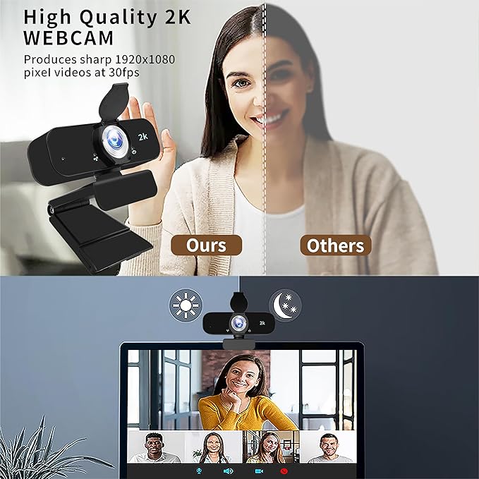 Lusinx 2K Webcam for Computer, USB Plug&Play, Auto Low Light Correction, Privacy Cover, Tripod, Wide Angle for Meeting/Online Video/Zoom, Web Cam with Microphone