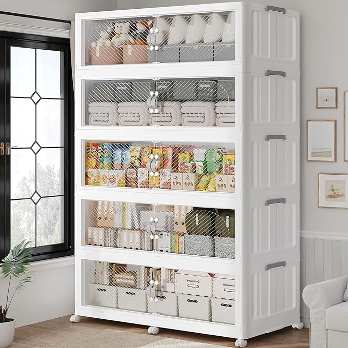 1200QT Extra Large Stackable Storage Bins with Lid, 300Gal Plastic Closet Organizers and Storage Drawer, Collapsible Cabinet Box with Wheels Clear Doors for Home Kitchen Office, 5Pack White