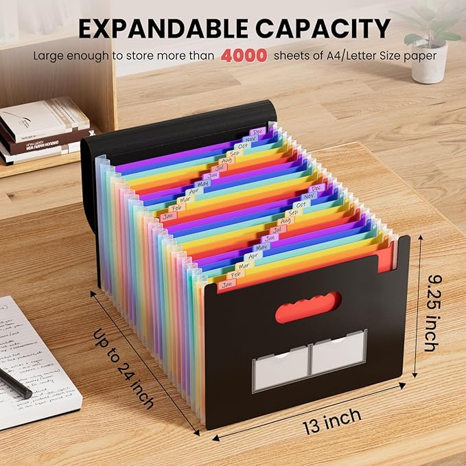 Sooez 24 Pockets Expanding File Folder with Blank Labels, According File Organizer with Expandable Cover, Desktop Accordion Folders Letter A4 Paper Document Storage Organizer, Black