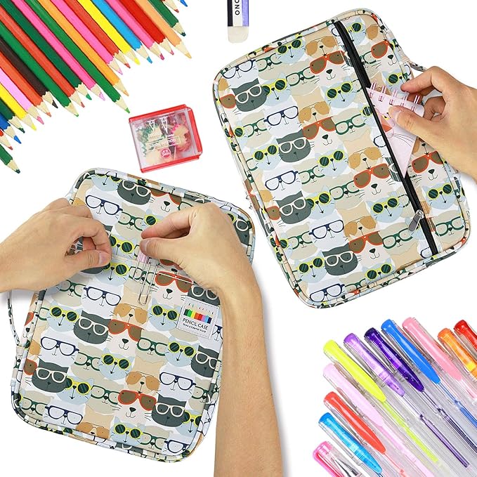 YOUSHARES Colored Pencil Case 220 Slots Pen Case Organizer With Handy Wrap & Zipper, Multilayer Holder for Prismacolor Colored Pencils & Gel Pen (Kitten)