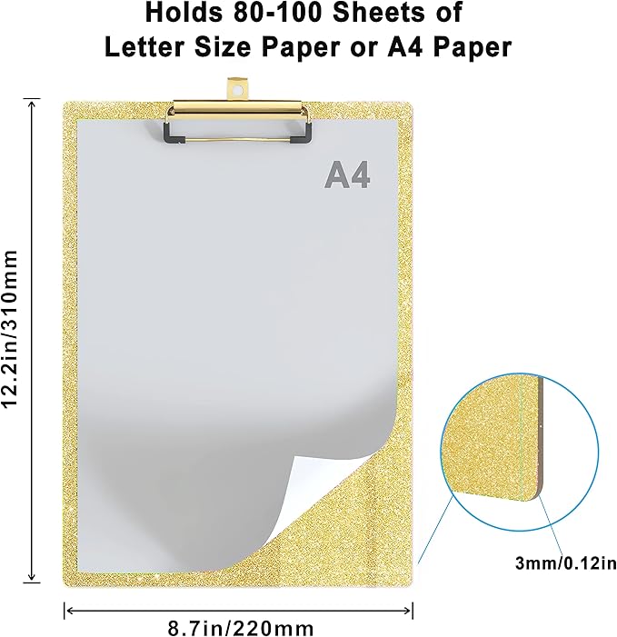 Glitter Acrylic Clipboard Decorative Standard A4 Letter Size 12.2" x 8.7", Fashion Bling Clip Boards with Designed Low Profile Gold Clip for Classroom Office - Gold