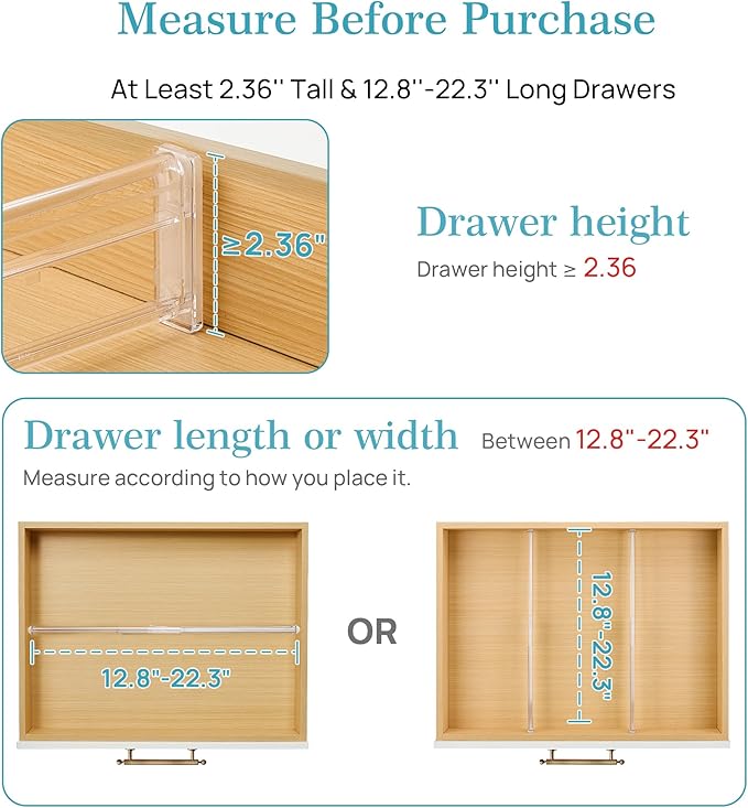 Vtopmart 2.36” Drawer Dividers with Expandable Inserts, 12.8"-22.3" Adjustable Kitchen Drawer Organizer, Clear Plastic Organizer Separator for Flatware, Utensil, Cutlery, 4 Dividers with 6 Inserts