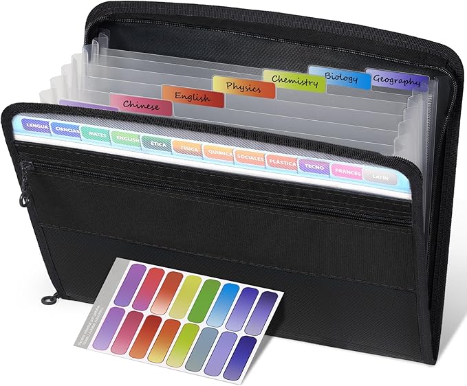 Sooez Accordion File Organizer with Safe Zipper, 8 Pocket Expanding File Folder with Front Pencil Pouch, Portable Monthly Paper Bill Tax Receipt Organizer, School Office Supplies, Letter Size, Black