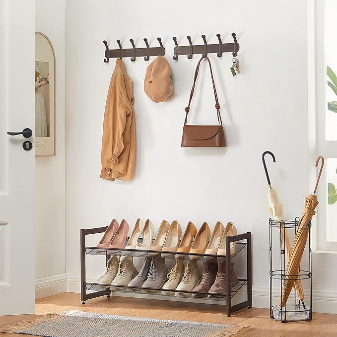 SONGMICS Shoe Rack, 2-Tier Shoe Organizer, Metal Shoe Storage for Garage, Stackable Shoe Shelf, with Adjustable Flat or Angled Shelves, 8-10 Pairs, Bronze ULMR02A