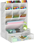 Pen Organizer for Desk, Multi-Functional Desk Organizer, Wall Mount Pen Holder with Drawer for School, Office, Home, Art Supplies, White