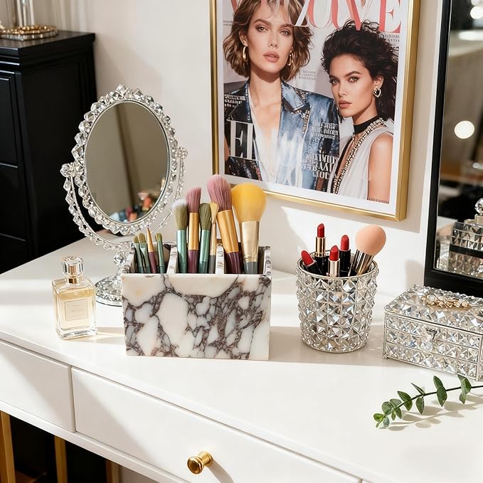 Natural Marble 3-Tier Organizer Box - Multi-Purpose Desktop Storage for Office Supplies, Kitchen Utensils, Makeup Brushes & Bathroom Essentials