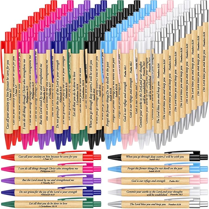 Cholemy 100 Pcs Christian Bible Verse Ink Pens Bamboo Christian Pens Bulk Wooden Inspirational Ballpoint Religious Gifts for Women Colleague Pastor Wife Church(Colorful)