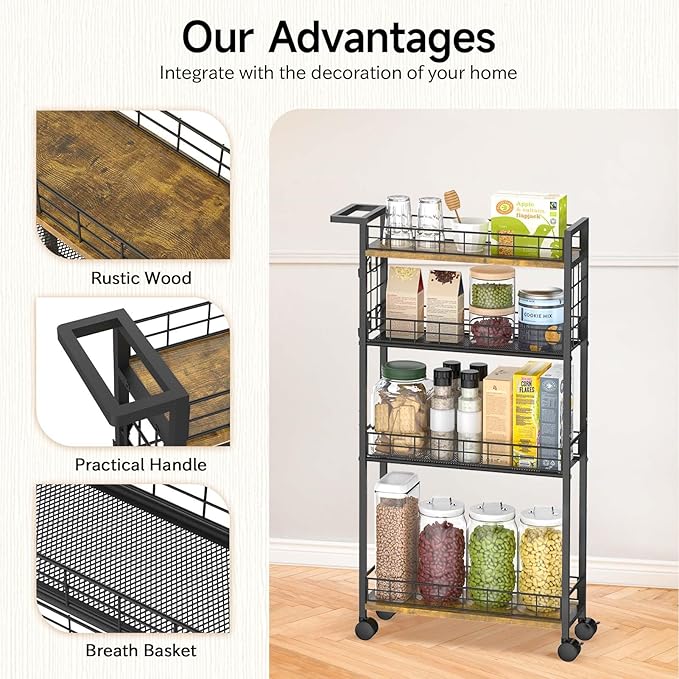 LASZOLA Slim Storage Cart with Wheels, 4 Tier Mobile Narrow Shelving Unit Organizer Utility Cart with Handle, Skinny Rolling Trolley for Small Space Kitchen Bathroom Laundry, Black and Rustic Brown