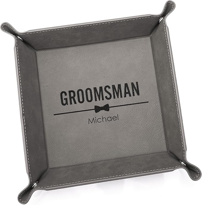 Lifetime Creations Personalized Groomsman Valet Tray - Custom Gifts for Groomsmen Proposal, Vegan Leather Catchall Wedding Gifts (Gray, Bow Tie Design)