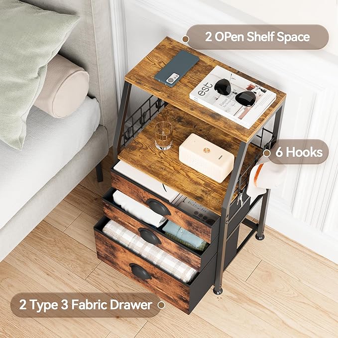 LASZOLA 3 Fabric Drawers Organizer Tower with 6 Hooks and 2 Shelves, Small End Side Table for Printer with Chest of Files Drawers, Ideal for Bedroom Living Room Office Dorm Under Desk, Rustic Bronze