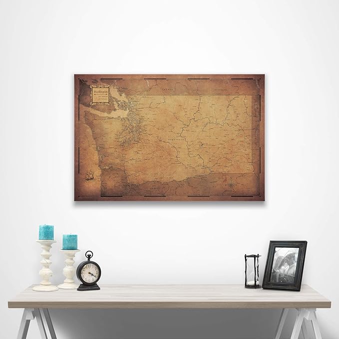 Conquest Maps Push Pin Washington Map Board - With Push Pins to Mark Washington Travels - Handmade in Ohio, USA - Design: Golden Aged