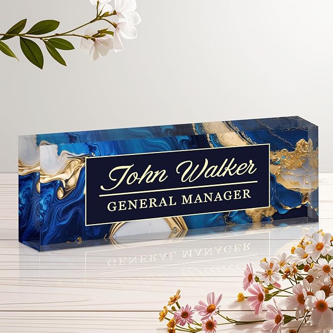 Personalized Name Plate for Desk, Custom Acrylic Desk Name Sign, Office Appreciation Gifts for Women Men Coworkers Boss Teacher Employee (Blue Coast)