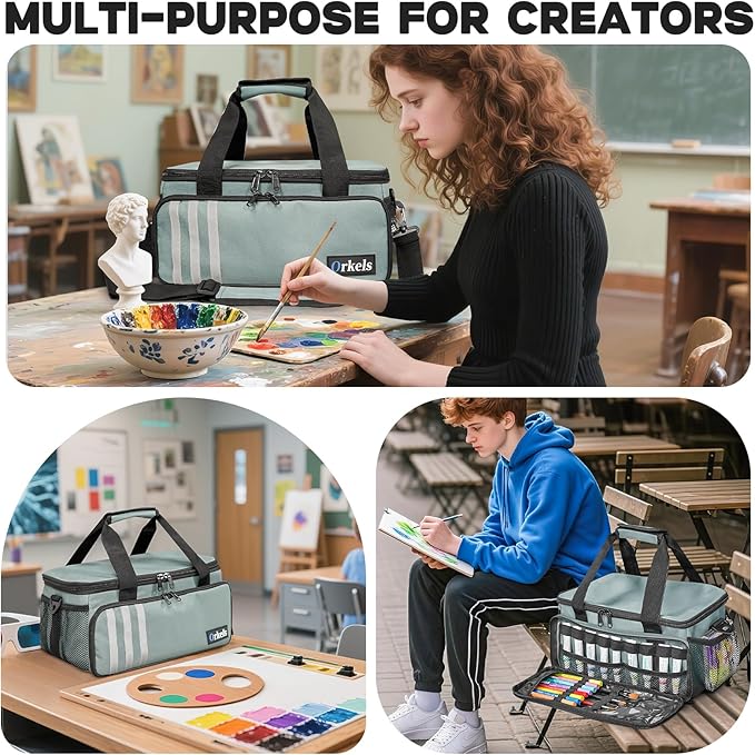 ORKELS Craft Paint and Marker Organizer, Acrylic Paint Storage Bag with Brush and Bottle Holders, Large Marker Carrying Case for Artists (Gray)