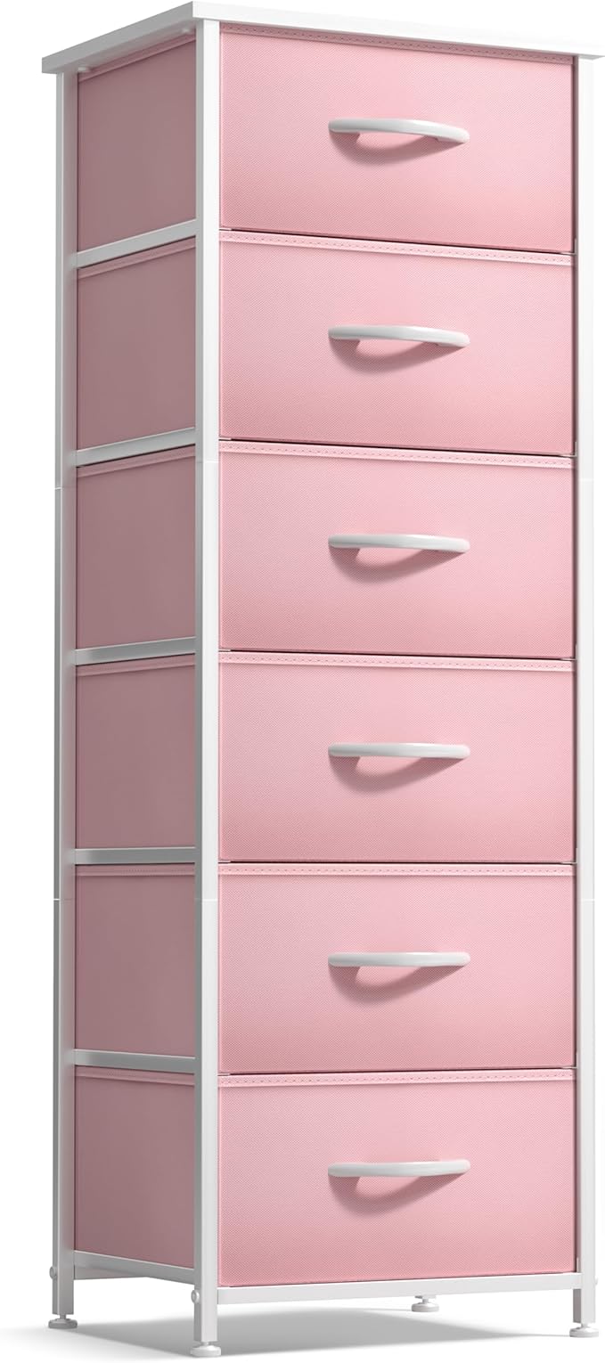 Sorbus Fabric Dresser for Kids Bedroom - Chest of 6 Drawers, Tall Storage Tower, Clothing Organizer, for Closet, for Playroom, for Nursery, Steel Frame, Fabric Bins - Wood Handle (Pink)