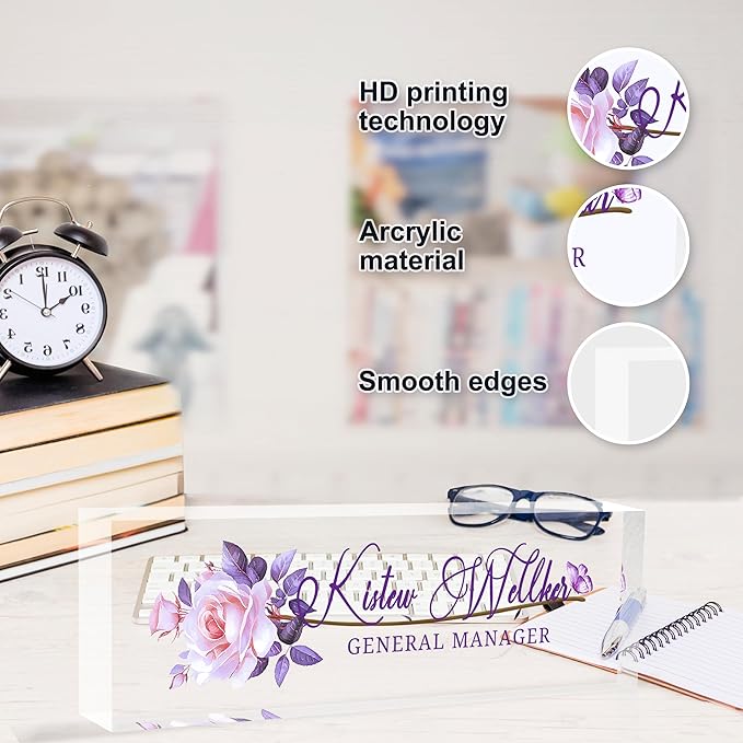 Custom Desk Name Plate Personalized, Acrylic Name Plates for Desk, Office Decor Personalized Gifts for Teacher Coworkers Boss Nurse (Purple Rose)