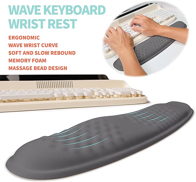 2-in-1 Ergonomic Set, Wave Rise Keyboard Wrist Rest and Massage Bulge Slope Mouse Pad Wrist Support, Cushion Memory Foam Integrated to Relieve Wrist Pain, Deep Gray