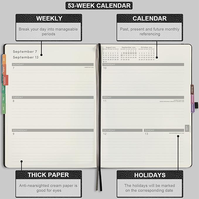 2026 Planner - JAN 2026 - DEC 2026, Planner Weekly and Monthly, Planner 2026, 8.5" x 11", Leather Cover Planners with Thick Paper, Back Pocket with Notes Pages, Black