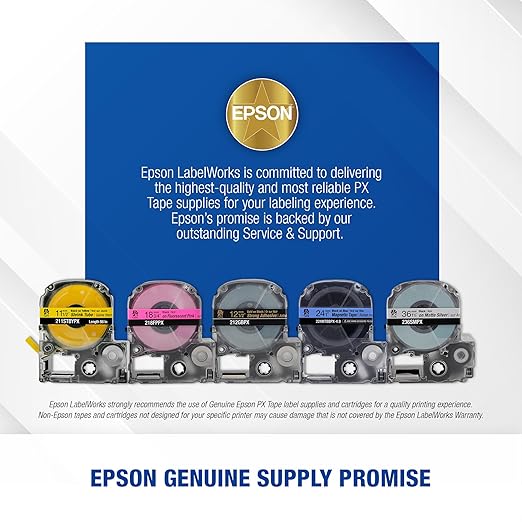 Epson LABELWORKS 212IBYPX Genuine PET (Polyester) Tape Cartridge - Black on Yellow Label Maker Tape, Strong Adhesive - 1/2" (12MM) Wide, 30'