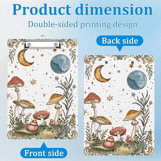 Mushrooms Moon Clipboard Decorative Clip Board with Metal Clip A4 Standard Size 12.5" X 8.7" for Teacher Students Nurses Office