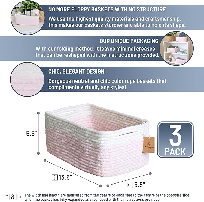 NaturalCozy 13.5”x8.5”x5.5” Rectangle Storage Baskets for Shelves 3 Pack | Cotton Rope Woven Small Baskets for Organizing | Small Storage Bins for Nursery, Bathroom, Closet, Shelf, Decorative