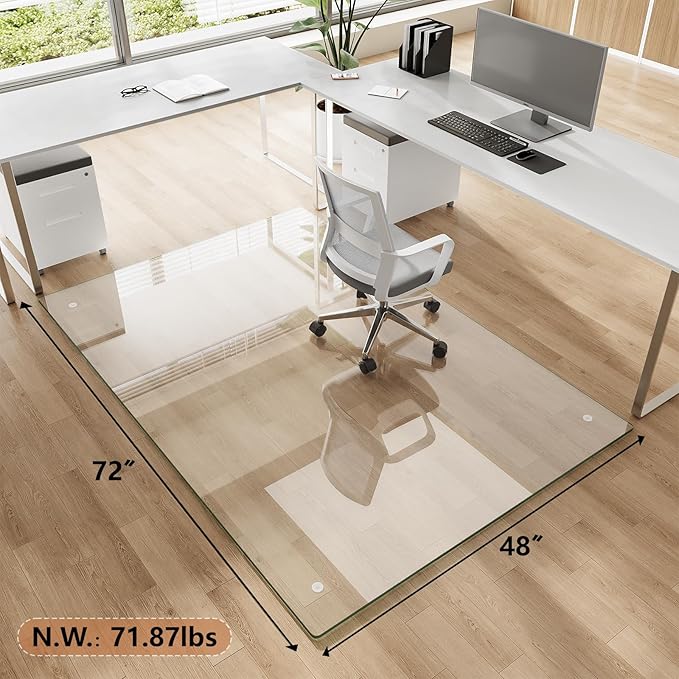 Tempered Glass Chair Mat for Carpet & Hard Floor, 48"x72" Office Chair Mat - Heavy Duty & Scratch Resistant, Non-Slip Pads, Rounded Corners & Polished Edges