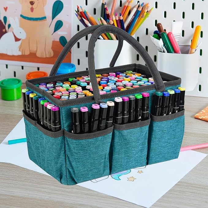 Marker Organizer Bag with Multiple Pockets, Marker Case for Art Storage Paint Markers, Paint Brushes, Coloring Books, Other Art Supplies, Green