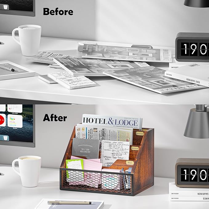 Mail Organizer Countertop,Wooden Mail Holder,4 Slot Letter Holder for Desktop,Vintage Desk Orgaizer for Fill,Bill (Brown)