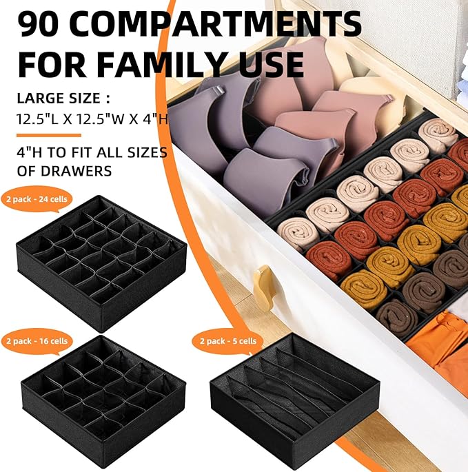 Criusia 6 Pack Sock Underwear Drawer Organizer Dividers - Dresser Organizer for Baby Clothes - Closet Organizers and Storage for Bedroom Essentials for Dorm Room/New Home/Apartment (Black)