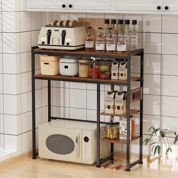 Aetheris Desktop Organizer Shelf, 30" Wooden Office Storage Rack with Outlets, Display Shelf Rack with Light Strip, 5 Tier Desktop Display Rac, Desk Shelf, Desk Hutch for Computer Monitor, Brown