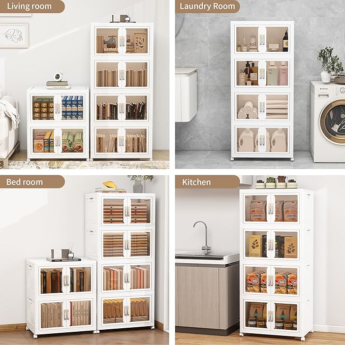 Large Clear Stackable Storage Bins with Lids, 597QT-99.5QT*6Tier Foldable Cabinet for Closet Organizers, Plastic Storage Box with Wheels White