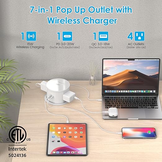 Pop Up Outlet with 15W Wireless Charger, 4 AC Outlets & PD 20W USB Fast Charging, 4.75 inch Desk Hole Power Grommet Connect 6FT Cord for Office, Conference, Kitchen Use(ETL & FCC Listed)