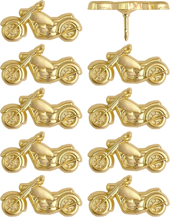 Motorcycle Push Pins - Gold Metal Motorcycle Pins - for Cork Board, Maps, or Lapel Pin Use - Designed in USA - Set of 10