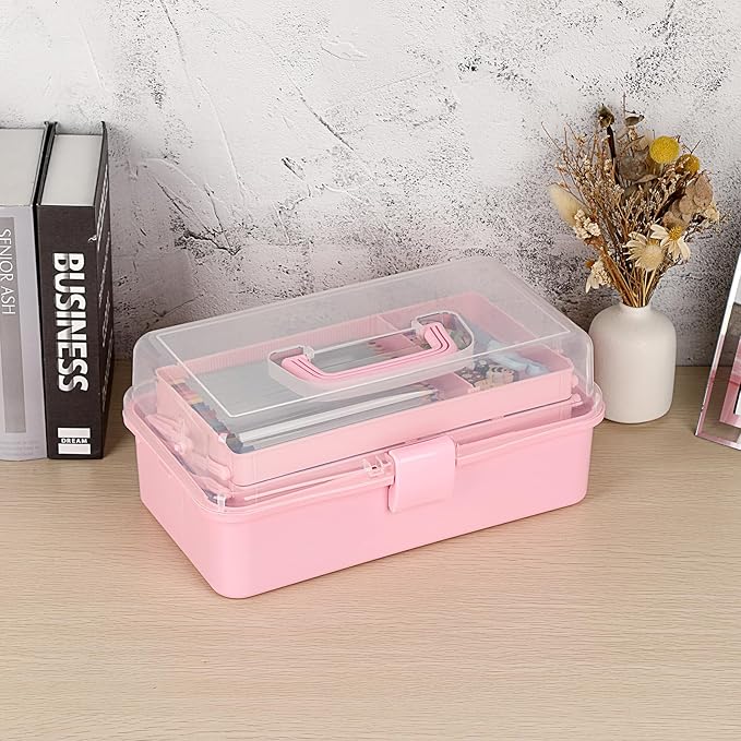 BTSKY 3-Layer Plastic Dividing Storage Box Craft Organizer and Storage with Adjustable Spacers Portable Handled Art Supply Organizer Multipurpose Home Utility Box Organizer (Pink)