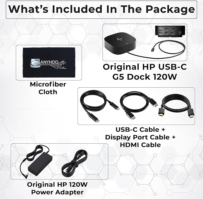 HP Docking Station for Laptop Dual Monitor and Charging Bundle - HP USB-C G5 Dock 5TW10AA / 5TW10UT / 5TW10AA#ABB with 120W Adapter, HDMI, DisplayPort, USB-C Cables & Microfiber Cleaning Cloth