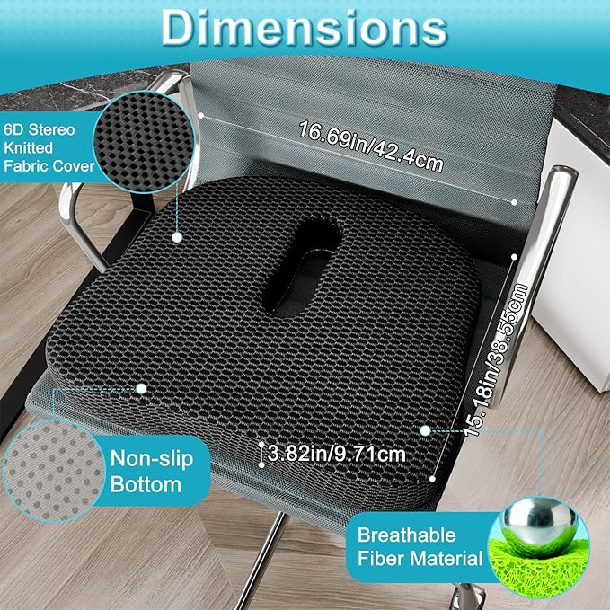 Seat Cushion - U-Shaped or Cut-Out Center Hole Design,TPU Pressure Relief for Tailbone & Hip Support, Breathable & Washable for Office, Car, Wheelchair（Black）