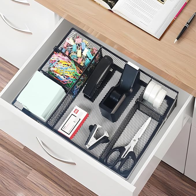 Black Office Desk Accessories, Black Office Supplies Set, Desk Drawer Organizer,Stapler and Tape Dispenser Set,Tape,Staple Remover, Staples, Paper Clips, Scissor and Sticky Note