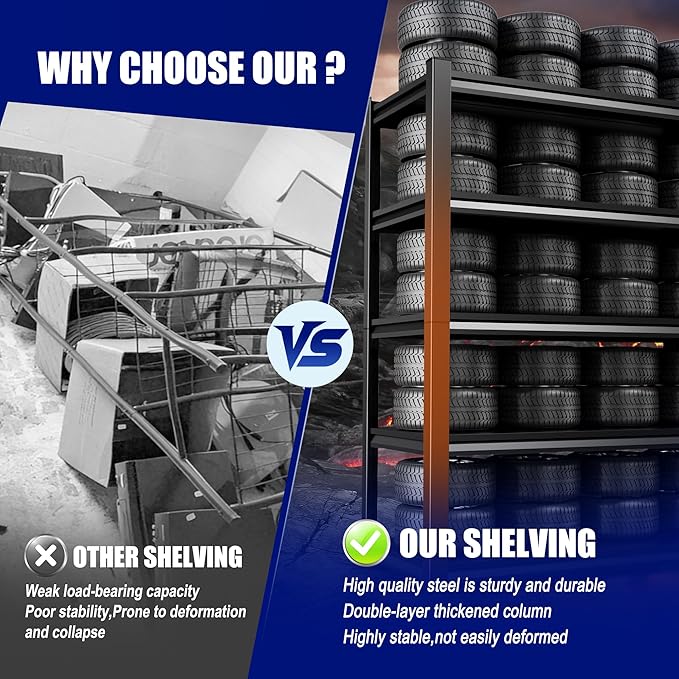 71" H-46 W Garage Shelving, 5-Tier Heavy Duty Storage Shelves, Adjustable Metal Shelving Unit, Utility Garage Organizer Shelf for Basement, Pantry, Warehouse, 20" D x 46" W x 71.2" H, Black