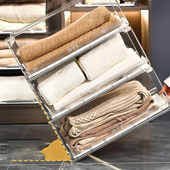 Stackable Storage Drawers, Closet Organizers Storage Box Closet Box PET Stackable Clear Shelf Organizer Drawer Bin for Kitchen Cabinets Pantry Makeup Organ