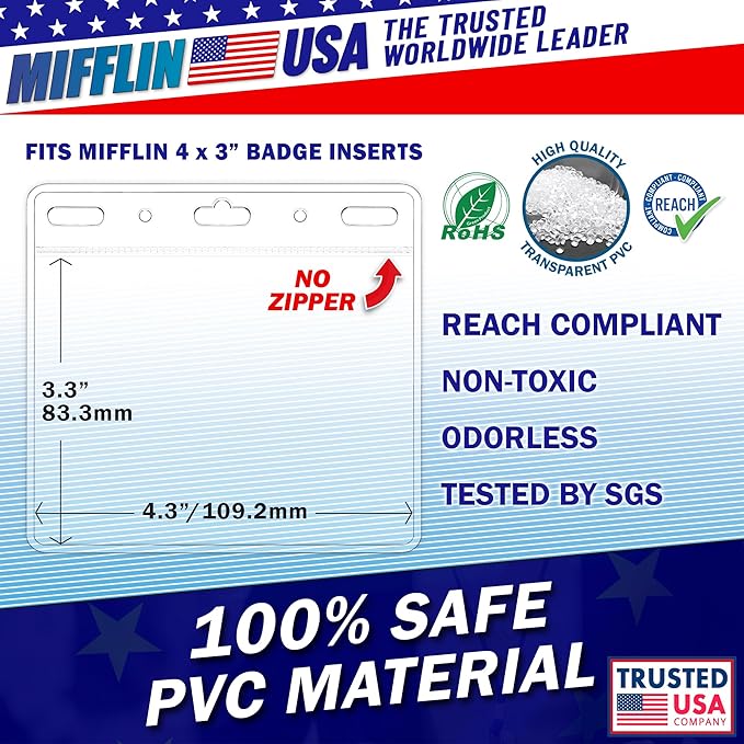 Mifflin-USA Card Protector (4x3 Inch, Clear, Bulk 5000 Pack) Quick Load Horizontal No Zipper Name ID Badge Holder