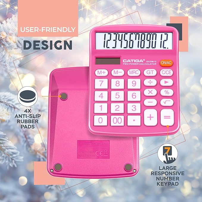 CATIGA Desktop Calculator (2 Pack) 12 Digit with Large LCD Display and Sensitive Button, Solar and Battery Dual Power, Standard Function for Office, Home, School, CD-2786 (Blue/Pink)