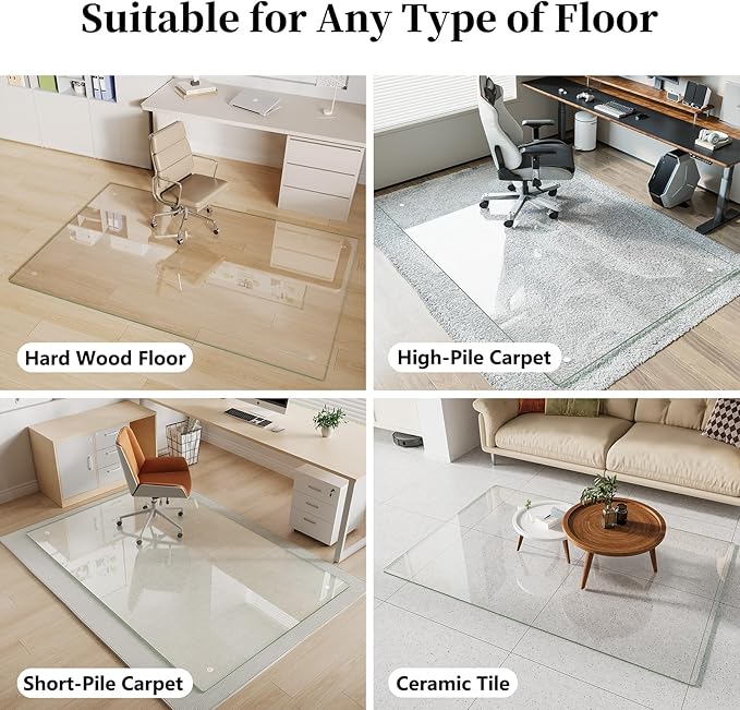 FlyEcho Glass Chair Mat 50" x 65" Heavy Duty Tempered Glass Office Chair Mat, Glass Floor Mat with Round Corner and Polished Edge for Smooth Glide, Carpet Hardwood Floor Protector