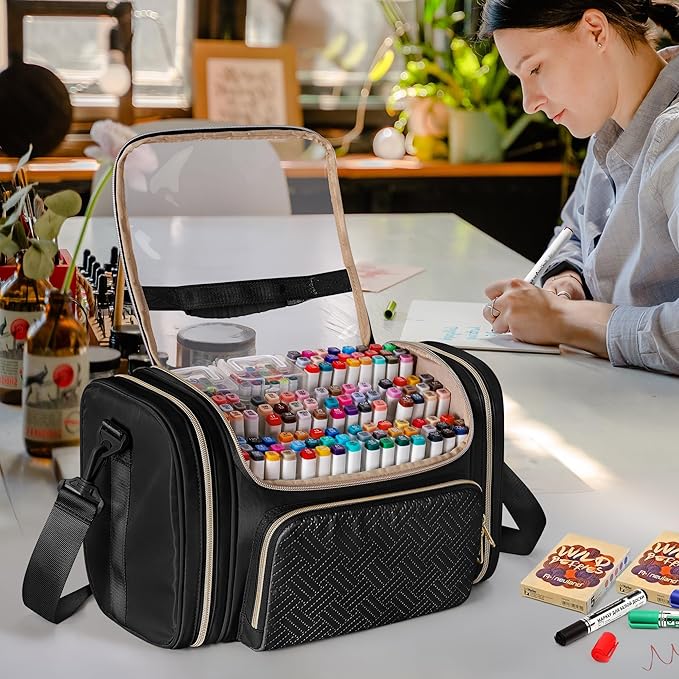 Marker Organizer Case Bag for 180-300 Markers, Large Marker Storage Bag with Detachable Divider for Adults, Marker Travel Holder Case Bag for Various Markers or Other Art Craft Supply, Black