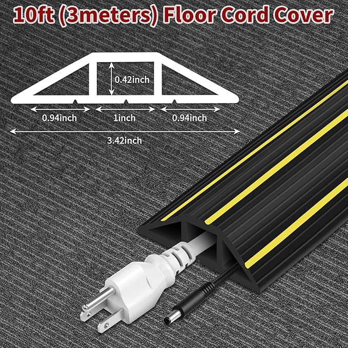 Floor Cord Cover, 10ft Cord Covers for Wires on Floor, Extension Outdoor Cable Cover Protector, Heavy Duty PVC Duct, 3 Channels Cord Hider Floor Cable Management, Black