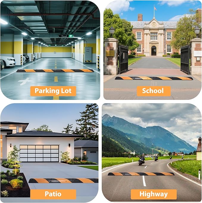 Rengue Rubber Speed Bumps 2-Pack 39.3'' Black Yellow Dual-Channel Driveway Protector for Wires Pipes, 66000 LB Heavy Duty Traffic Calmer for Road Gravel Installation