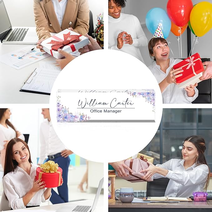 Personalized Name Plate for Desk Custom Acrylic Desk Name Plate Custom Employee Appreciation Gifts Office Gifts for Women, Men, Boss, Coworkers, Teacher, Nurse (Purple Flower)