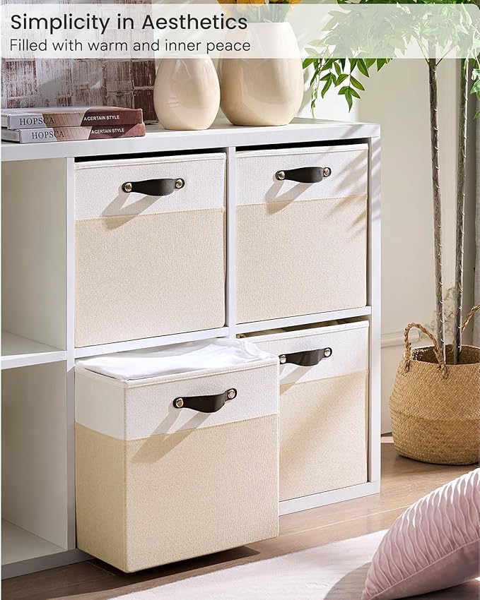 Storage Cube Bins | 7.7 oz/yd² Fabric Cubby Organizer Baskets for Shelf, Bookcase, Closet, Cabinet, Wardrobe | 11x11 Cube Drawer | 6 Pack, Beige & White, 10.5x10.5x11 Inch